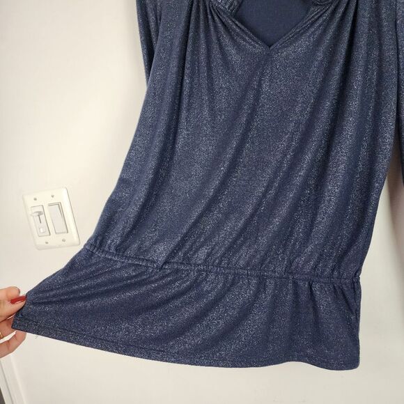 Jones New York Metallic Top Navy Silver Peplum Long Sleeve Pullover Size MP - Picture 11 of 15